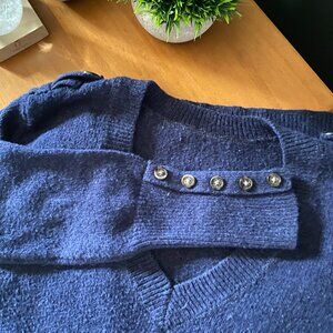 Navy Blue Fitted Tunic Sweater Mohair Blend, Button Sleeve Details, Cozy Chic